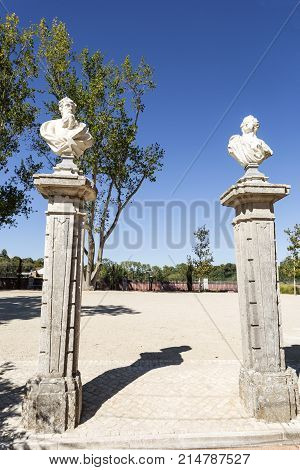 OEIRAS, PORTUGAL - September 17, 2017: Bust statues of poets philosophers and writers decorating the gardens of the Palace of Marques de Pombal in Oeiras Portugal