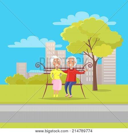 Happy grandparents day poster with senior couple sitting on bench together, old husband and wife together on background of skyscrapers in city park vector illustration