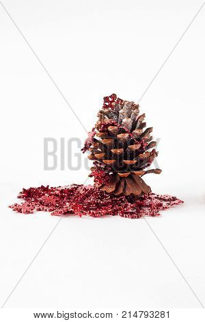Pine Cones Decorating Garland Elements On White Background.