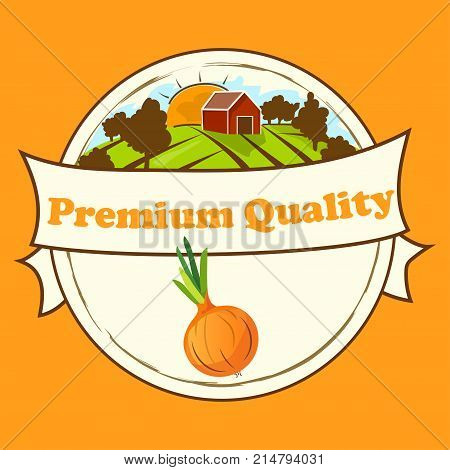 Abstract vector illustration logo for whole and slice ripe vegetable round onion, . Onion pattern on label vegetables ripe sweet food. Farm on greend grass