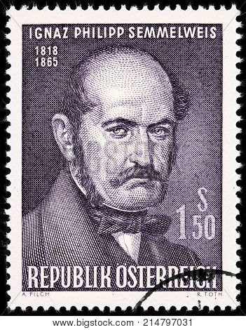 LUGA RUSSIA - AUGUST 20 2017: A stamp printed by AUSTRIA shows Ignaz Philipp Semmelweis - Hungarian physician now known as an early pioneer of antiseptic procedures circa 1965