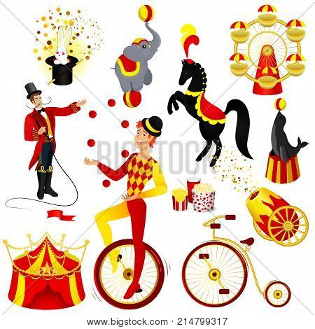 circus set cartoon style vector illustration. Human and animals  drawings