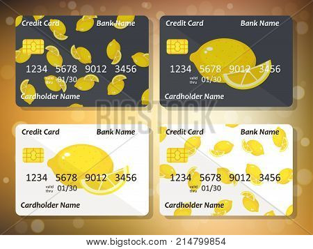 Sweet juicy whole and slice lemon on frontal side of credit card. Bank credit card design. Best choice for credit or gift card design
