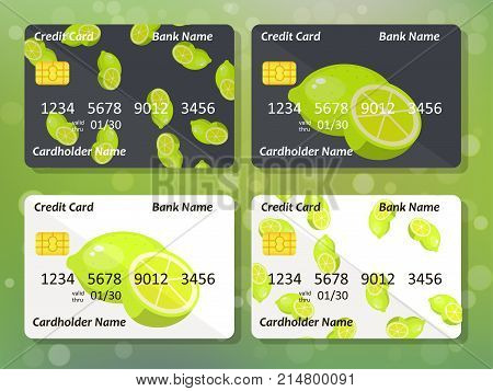 Sweet juicy whole and slice lime on frontal side of credit card. Bank credit card design. Best choice for credit or gift card design