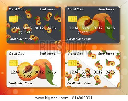 Credit card design. peach on credit card. Bank collection. Frontal side for credit or gift card