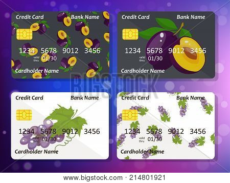 Credit card design. grape and plum on credit card. Bank collection. Frontal side for credit or gift card