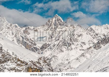 Wild winter landscape of high mountain slopes with bright white snow and trees under the clear blue sky