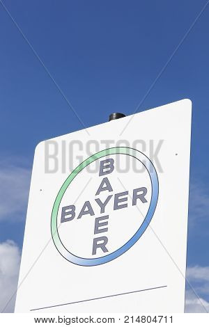 Leverkusen, Germany - July 27, 2017: Bayer logo on a panel. Bayer is a German multinational chemical and pharmaceutical company founded in Barmen, Germany