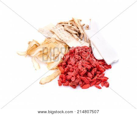 Chinese food - Clear soup with chinese herbal medicine on white background