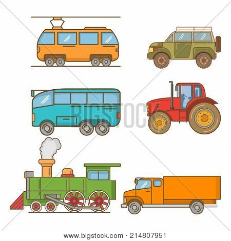 Tram electric,agricultural tractor, passenger tourist bus,delivery truck,steam locomotive railroad,off road truck car trips.City public transport. A design element. Side view. linear flat vector