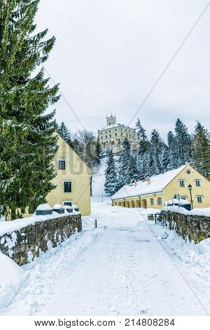 The old castle Trakoscan in Croatia, built around 1334 as a Croatia's northwestern fortification system in Gothic Revival architecture style.