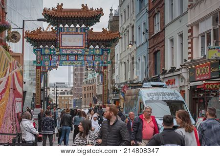 Wardour Street, London-September 6,2017: People walking on China town on the Wardour Street on September 6, 2017 in London ,United Kingdom