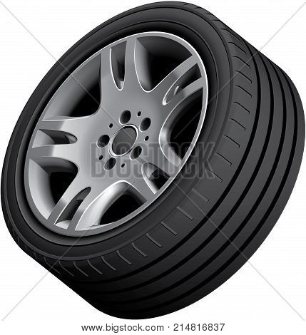 High quality vector illustration of aluminium alloy wheel isolated on white background. File contains gradients blends and transparency. No strokes. Easily edit: file is divided into logical groups.