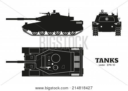 Silhouette of realistic tank blueprint. Armored car on white background. Top side front views. Army weapon. War camouflage transport. Vector illustration