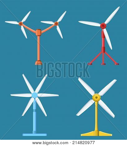 Set of different tidal power station rotters. Clean water energy source. Innovation power station. Vector illustration.