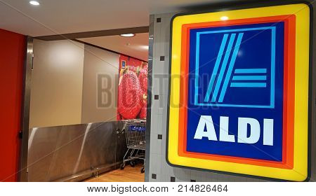 Sydney Australia - November 13 2017: Aldi supermarket entrance interior in Edgecliff. Aldi is a large German discount supermarket chain that is expanding its operations in Australia.