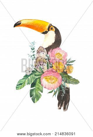 Watercolor bouquet with tropical bird, palm leaves, peony and tukan. High detailed hand drawing illustration