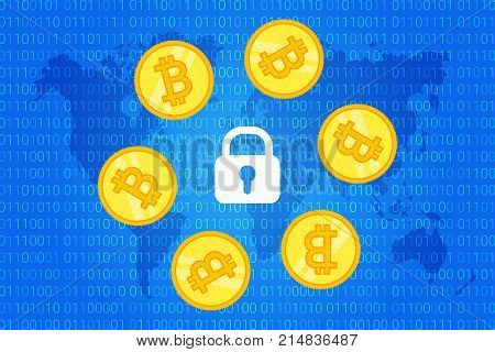 Bitcoin Security Background. Crypto Coins Around Lock On Blue Background With World Map And Binary C