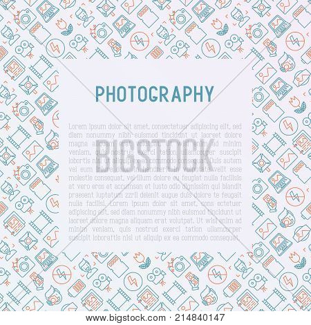 Photography concept with thin line icons of photographer, film, crop, flash, focus, light, panorama. Vector illustration for banner, web page, print media.