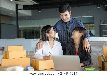 Young Asian Woman Holding Box With Smiling Together, Young Owner Woman Start Up For Business Online,
