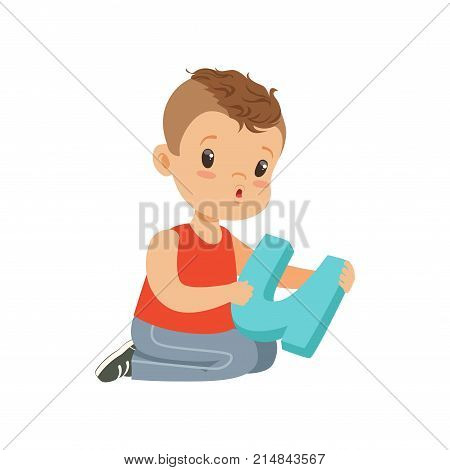 Preschool kid sitting on floor with big letter U for speech and language exercises. Learning through play. Fun educational game. Flat kid character. Vector for infographic poster, flyer, brochure.
