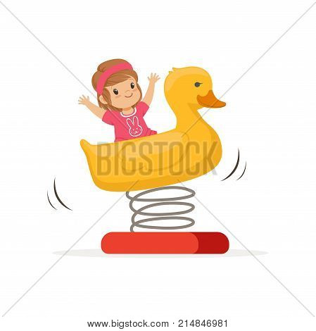 Cheerful toddler girl having fun on yellow plastic rocking duck on spring. Outdoor play equipment. Cartoon child character. Kindergarten yard or public park. Flat vector illustration isolated on white