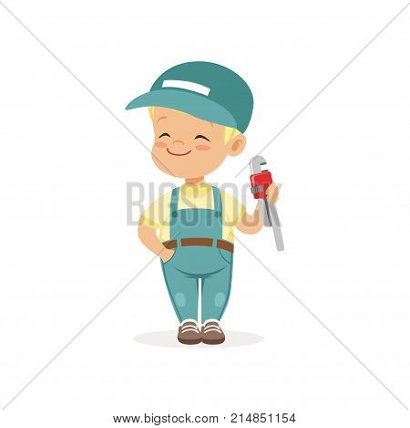 Cute preschool boy dressed as plumber. Cartoon child character playing adult worker. Kid learn about job and profession. Kindergarten career day concept. Flat vector illustration isolated on white.