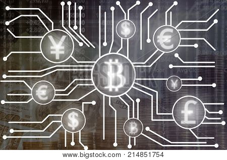 Abstract photo of FINTECH connection over the Stack of gold coins and american dollars money over the LED display Stock market exchange data background Showing the cryptocurrency or digital money