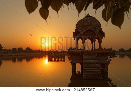 Morning light of sunrise on Gadsisar Lake in Jaisalmer