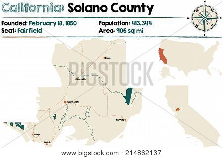 Large and detailed map of Solano county in California
