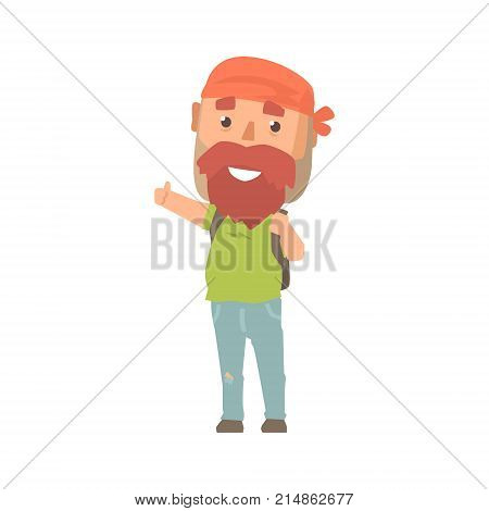 Hipster man traveler with backpack, hitchhiker man trying to stop a car on a highway by hand, travelling by autostop cartoon vector Illustration on a white background