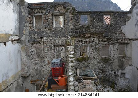 Derelict buildings in hill village of Erto in Friuli Venezia Giulia north east Italy. The village is famous locally for having being evacuated following the 1963 Vajont Dam disaster.