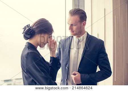 Desperate Young Asian Businesswoman Unable To Work With Stress Situation, Suffering Stress, Boss Com