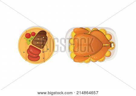 Baked turkey with orange and steak. Outumn food for Thanksgiving Day in cartoon style