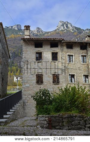 Derelict buildings in hill village of Erto in Friuli Venezia Giulia north east Italy. The village is famous locally for having being evacuated following the 1963 Vajont Dam disaster.
