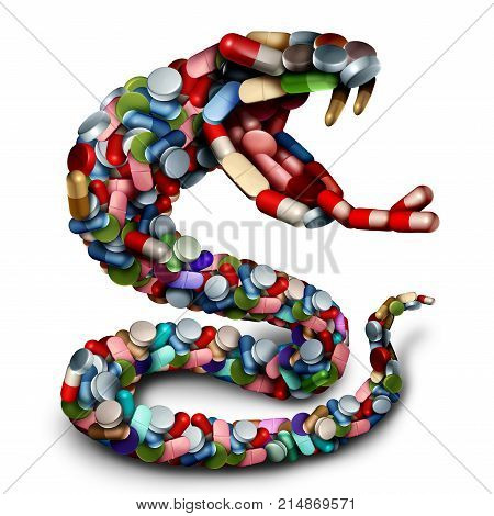Medicine danger concept as a group of pills and prescription drug capsules shaped as a venemous snake as a pharmacy risk icon as a 3D render.