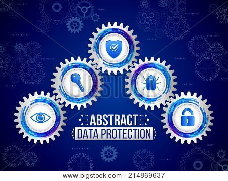 Digital technology protection concept. Global network security on the blue background. Abstract safety mechanism which is made of gears icons eye key shield hacker bug and padlock.