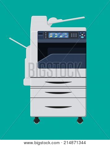 Office multifunction machine. Printer copy scanner device. Proffesional printing station. Vector illustration in flat style