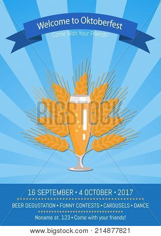 Welcome to oktoberfest, come with your friends Promo poster of beerfestival, demonstrating text, images of beer glass and wheat vector illustration