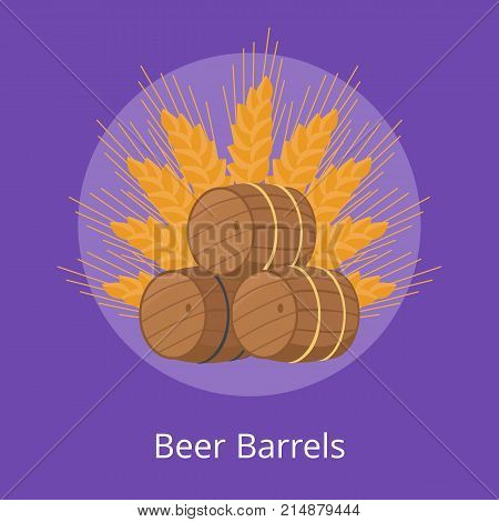 Three beer barrels of different types and ear of wheat on purple background. Unofficial symbol of Oktoberfest or Octoberfest festival.