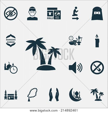 Ramadan Icons Set With No Alcohol, Hejaz, Muslim And Other Namaz Place Elements. Isolated Vector Illustration Ramadan Icons.