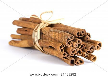 A fragrant spice. long cinnamon on a white background with soft shadow. Dried wood bark on isolated.
