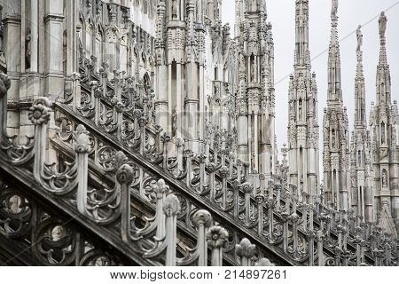 Gothic Ornaments On The Roof Of The Milan Cathedral In Italy