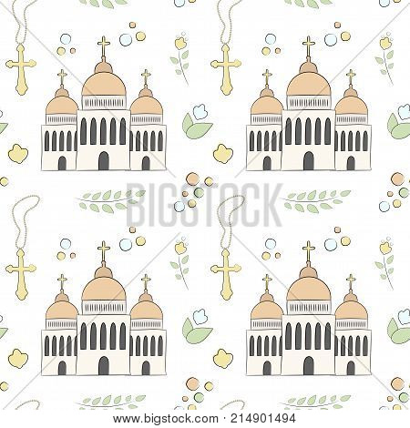Vectron seamless pattern of elements drawn manually in the style of doodle. Christening, infant, religion, church. Used for wallpapers, backgrounds, wrapping paper.