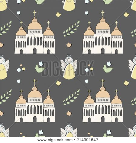 Vectron Seamless Pattern Of Elements Drawn Manually In The Style Of Doodle. Christening, Infant, Rel