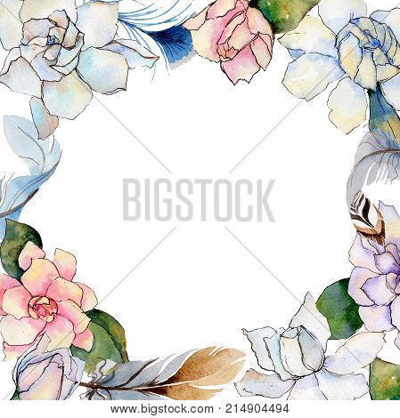 Wildflower gardenia  flower frame in a watercolor style. Full name of the plant: gardenia . Aquarelle wild flower for background, texture, wrapper pattern, frame or border.
