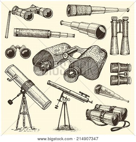 Binocular set monocular vintage, engraved hand drawn in sketch or wood cut style, old looking retro scinetific instrument for exploring and discovering