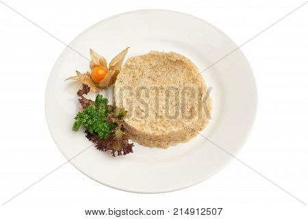Kinoa on a plate on a white background isolation
