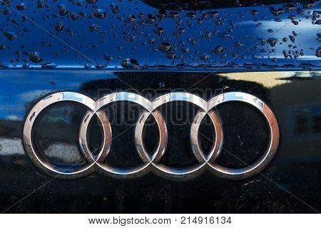 Tabor, Czech Republic - November 19: Audi Company Logo On Wet Car On November 19, 2017 In Tabor, Cze