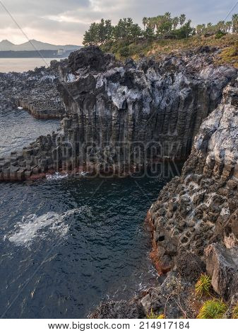 daepo jusangjeoli cliff seaside landscape in jeju south korea